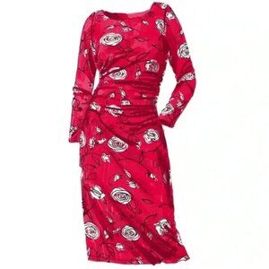 J. Peterman Red Sheath Dress with Crew Neck and Long Cuffed Sleeves